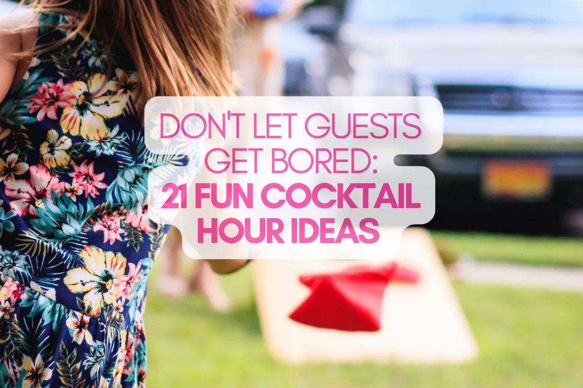 wedding cocktail hour entertainment ideas including lawn games, drinks, and guest activities