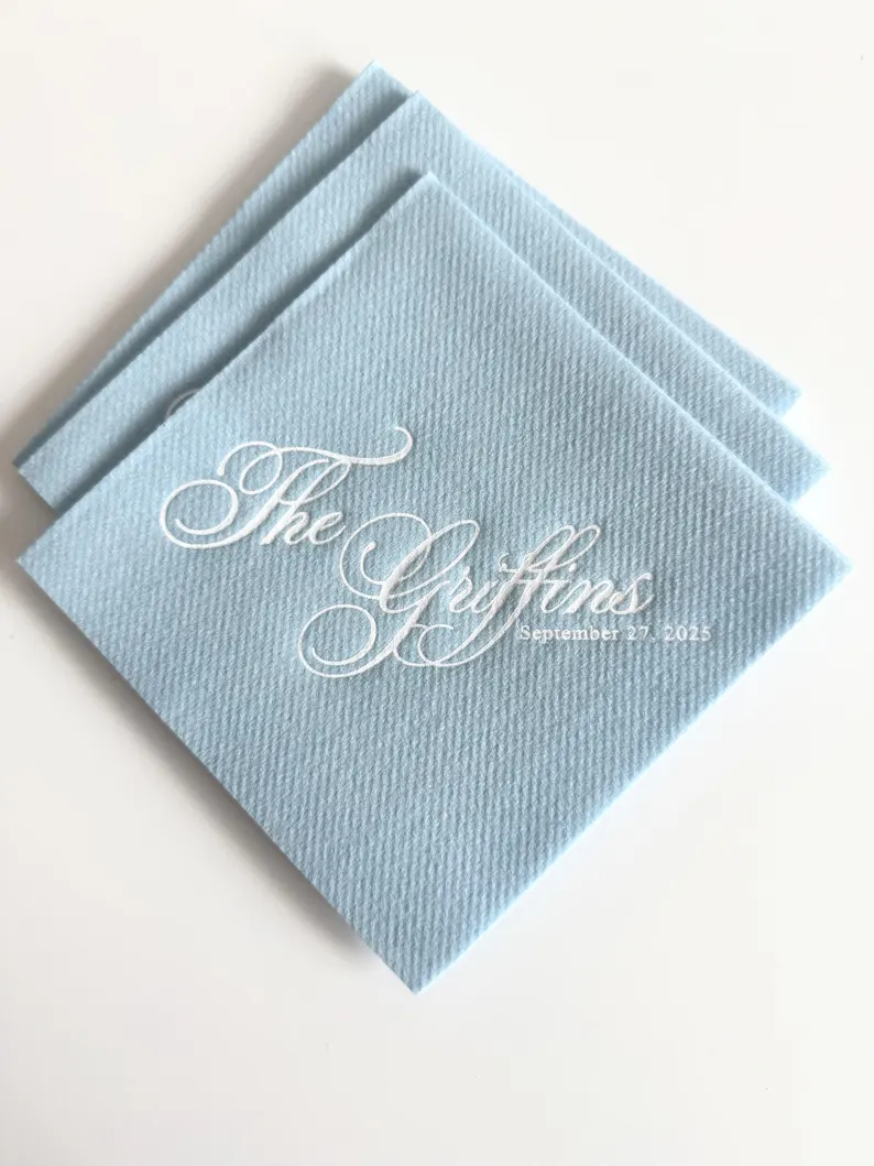 custom wedding napkins printed with wedding date and names
