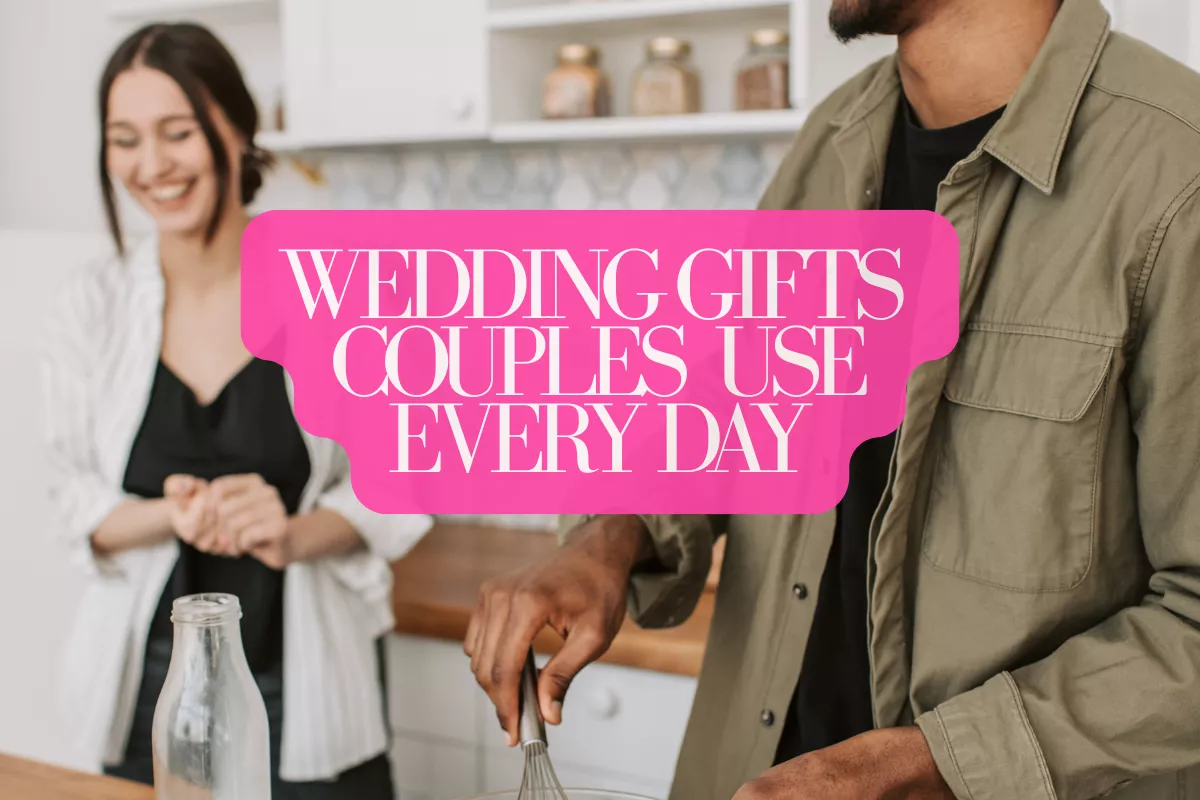 couple relaxing at home cooking in kitchen laughing with home essentials showing wedding gifts couples actually use every day