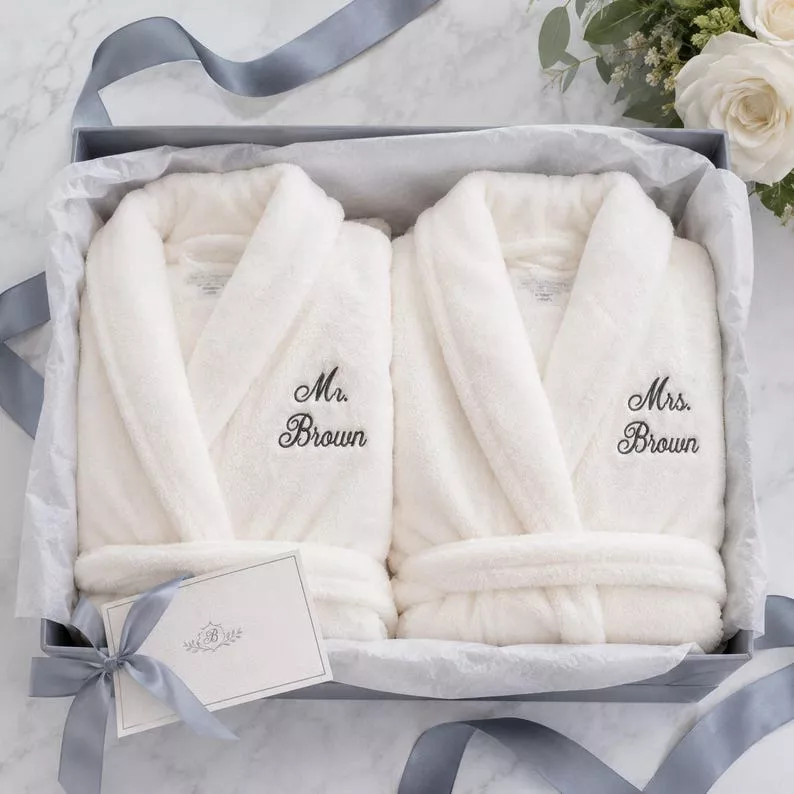 embroidered bathrobes for couple wedding gift