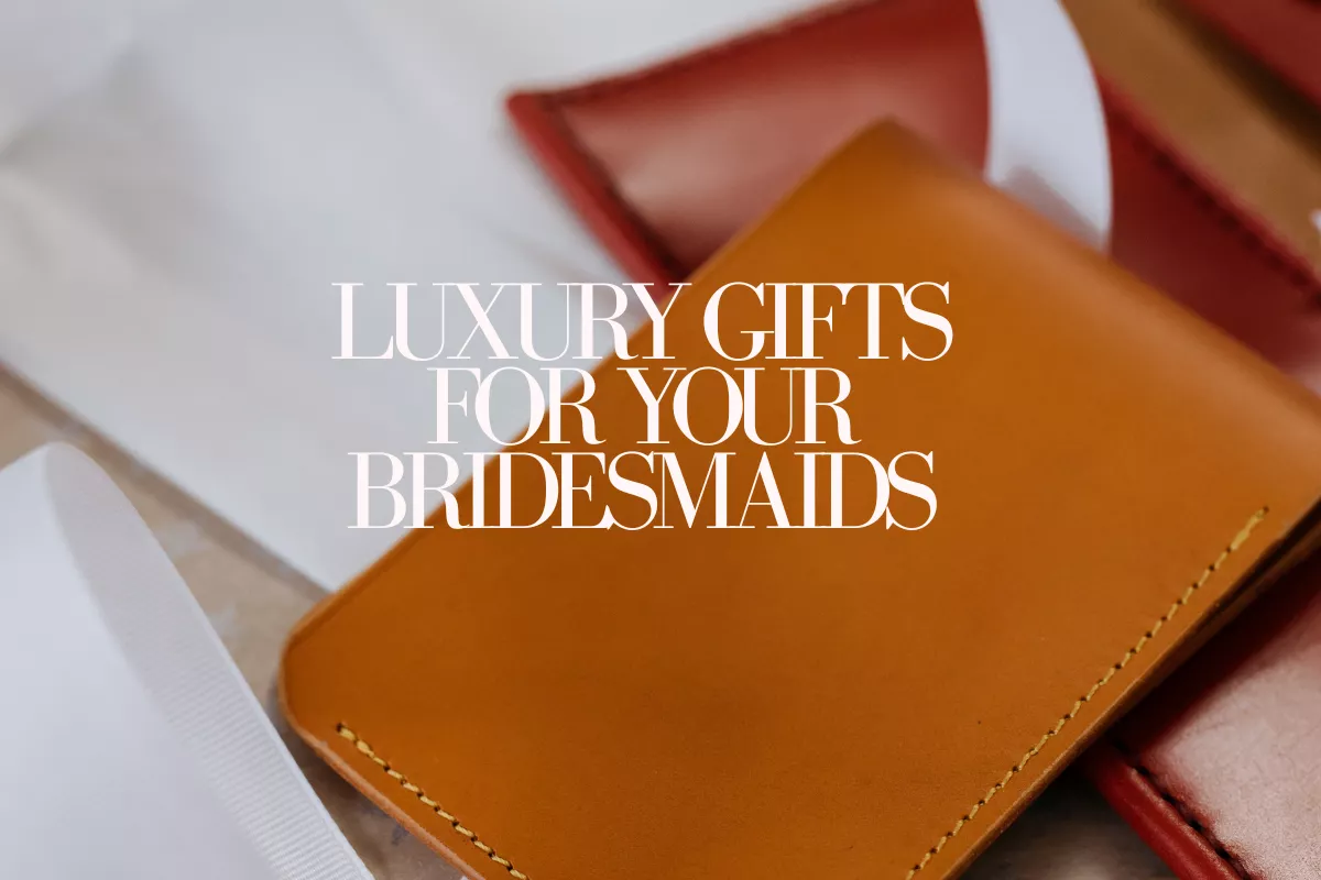 luxury bridesmaid gifts including personalized jewelry case, pearl earrings, leather accessories, and elegant keepsakes