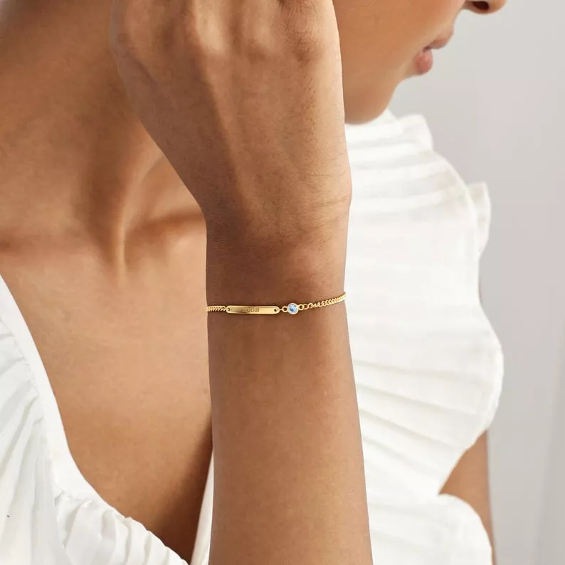 personalized bar bracelet with birthstone charm bridesmaid gift under $100