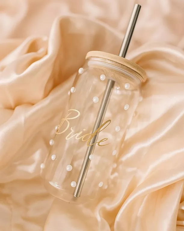 pearl covered bride tumbler cup with straw