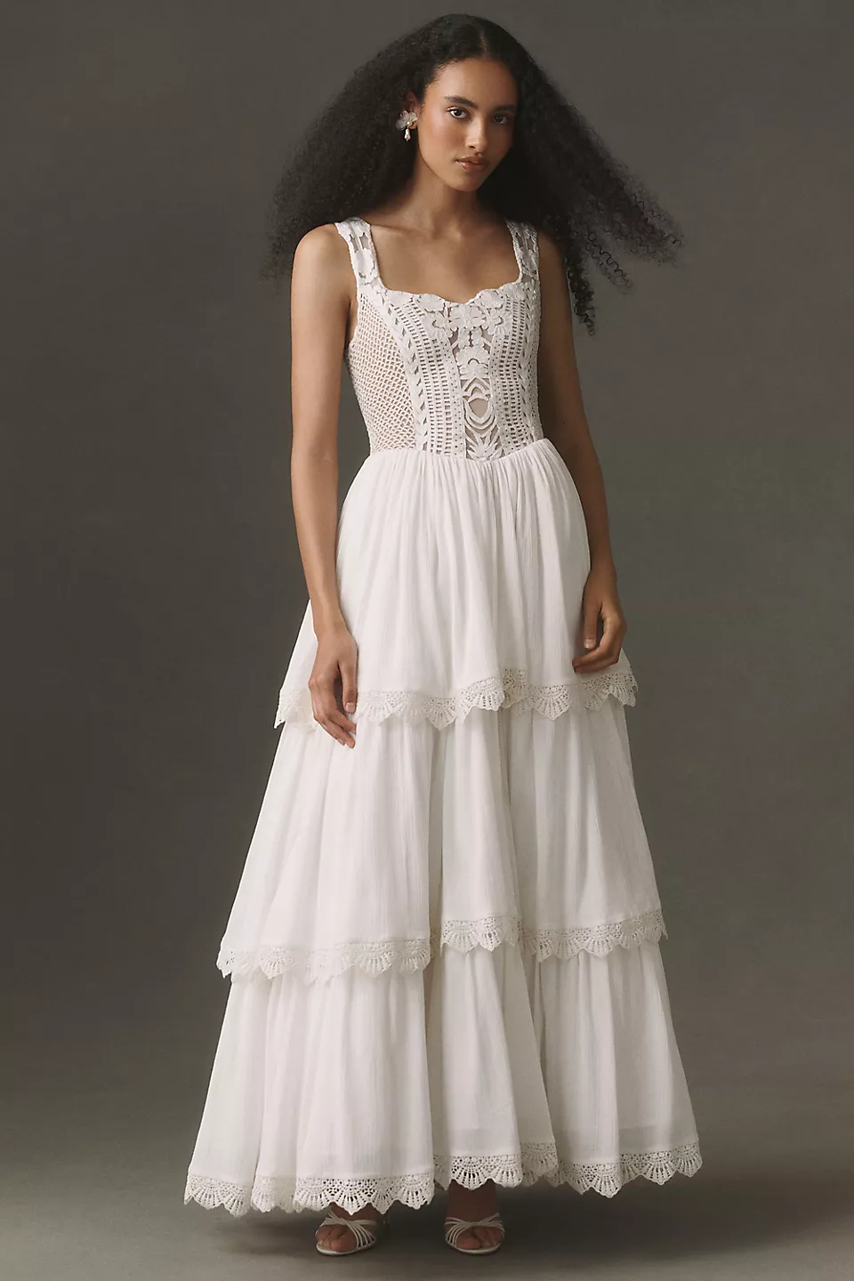 white crochet bridal maxi dress