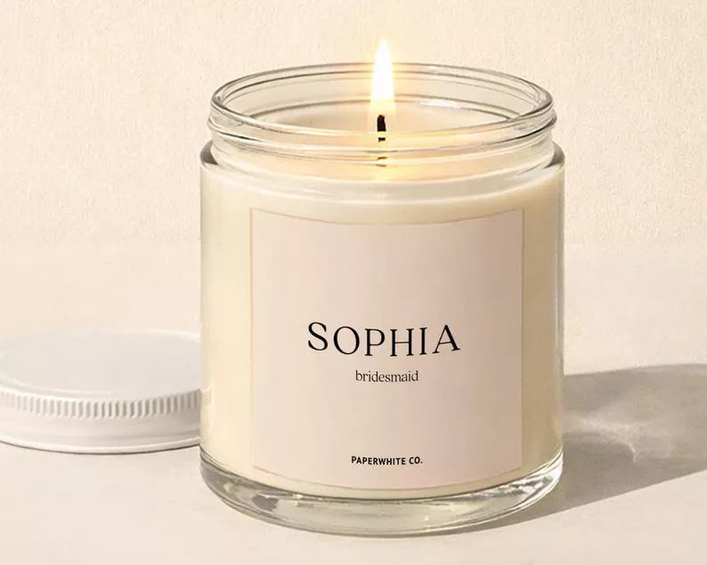 custom bridesmaid candle with wedding date and personalized label