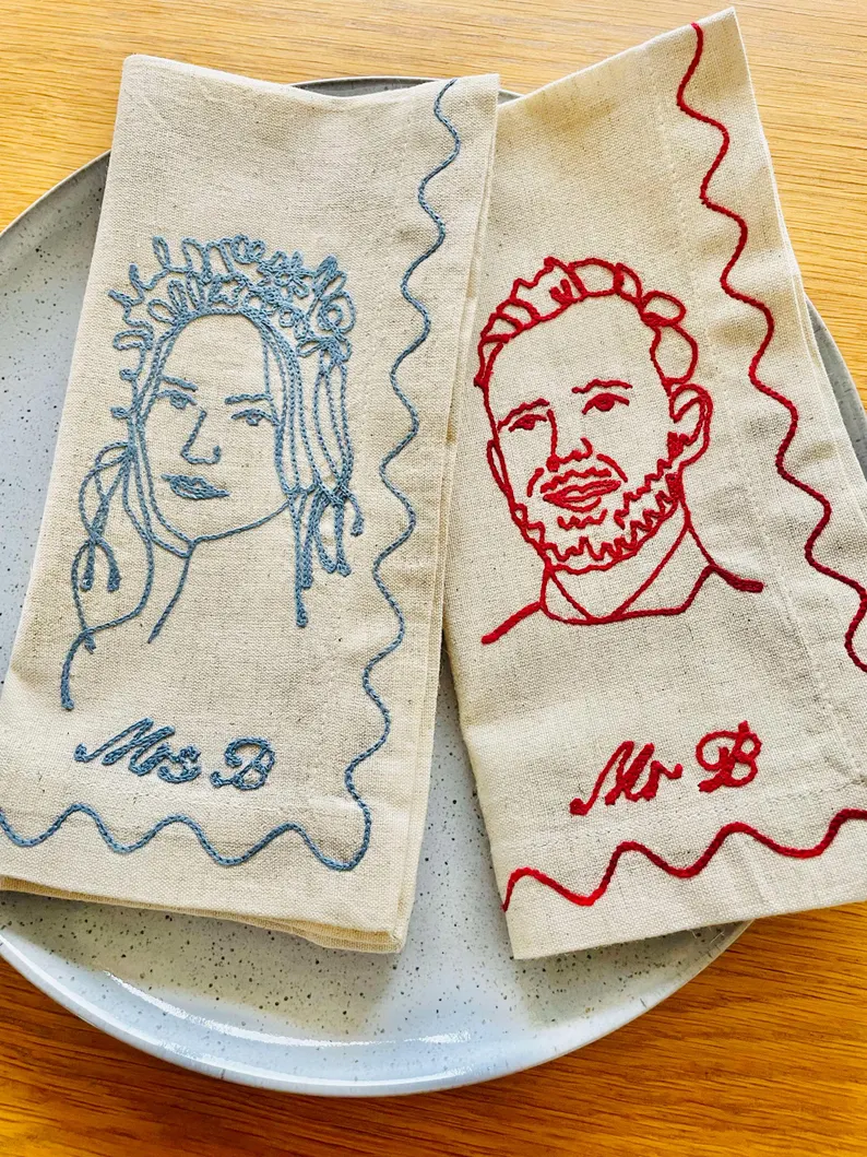 embroidered couples custom portrait linen napkins personalized wedding gift
