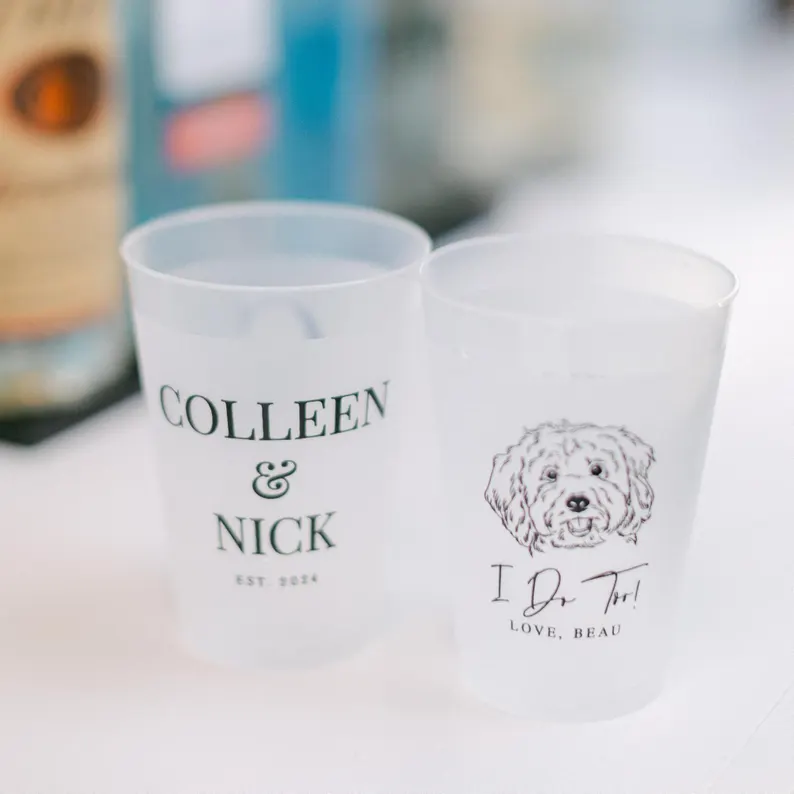 wedding cups with names and dog face
