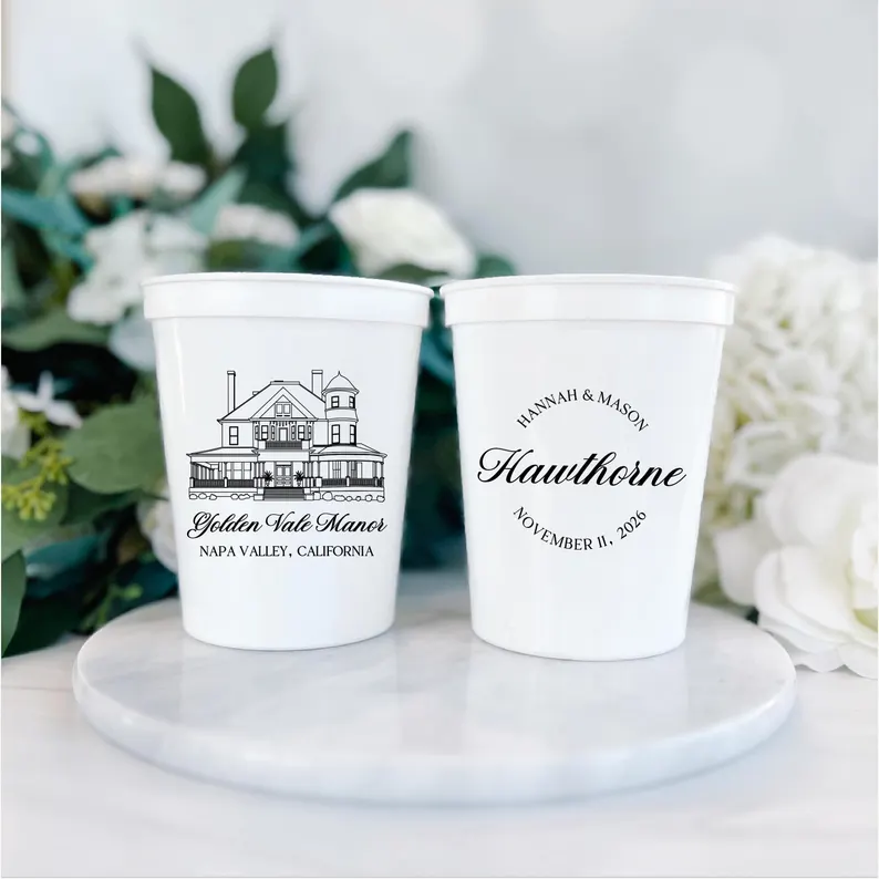 personalized wedding stadium cups with venue illustration and names