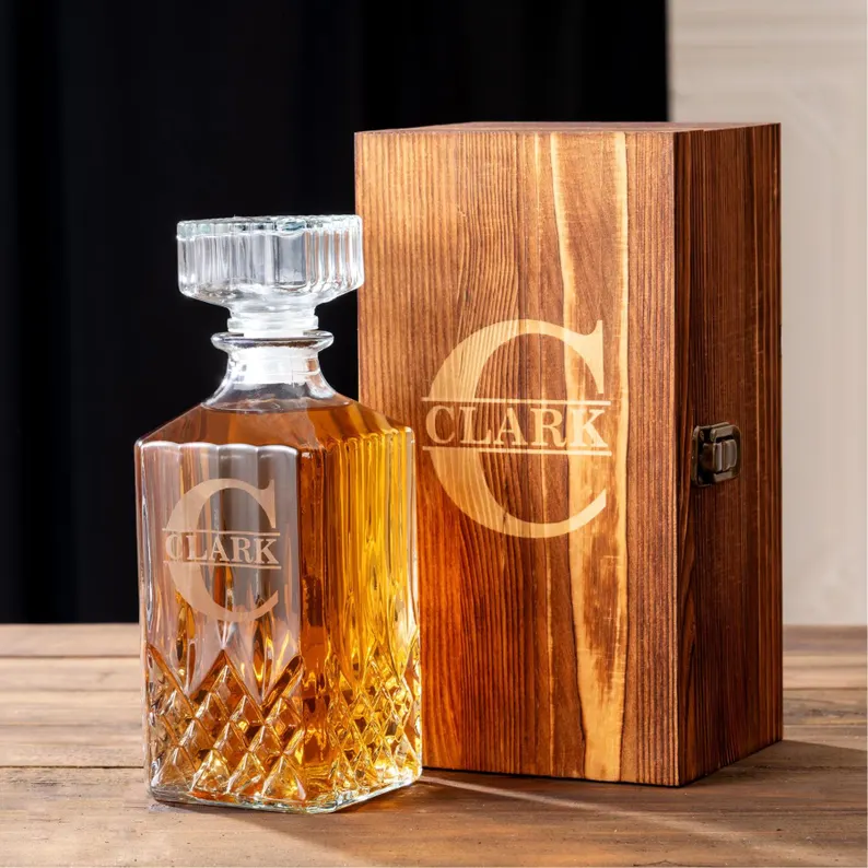 whiskey decanter and personalized wood box groomsmen gift under $50