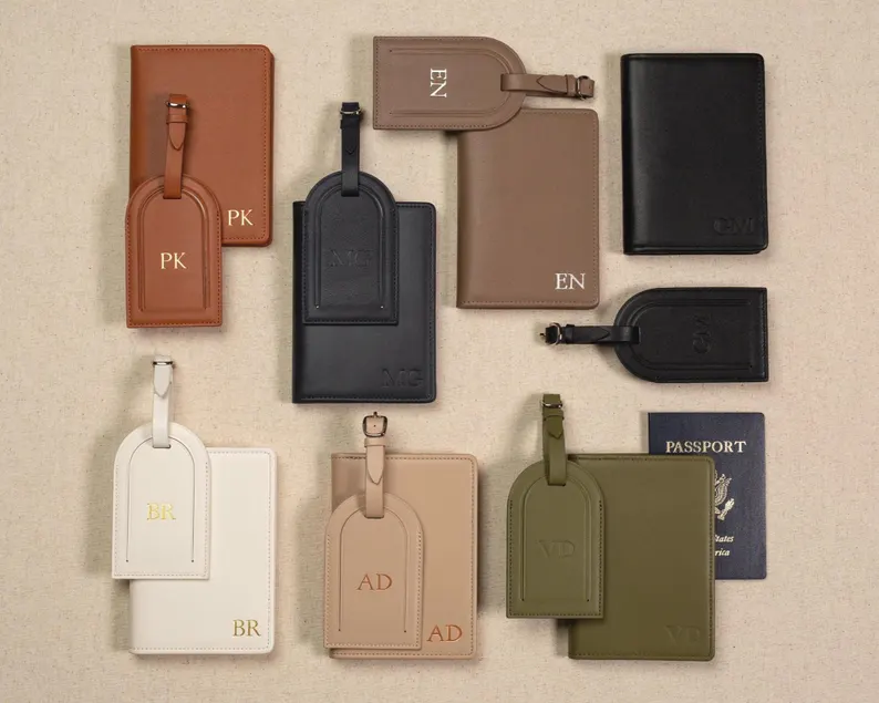 passport holder and luggage tag with embossed initials for bridesmaid gifts under 100
