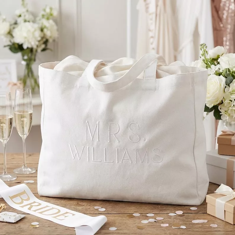 custom wedding tote bag with embroidered name