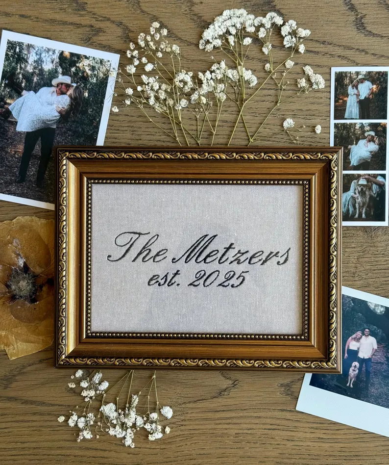 embroidered family name sign wedding gift under $100