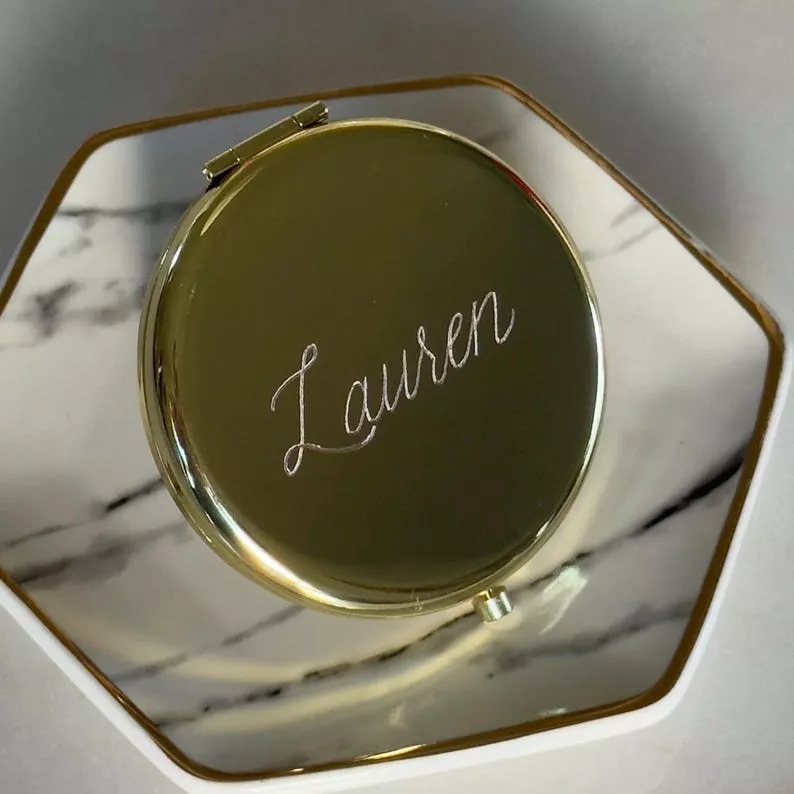 engraved compact mirror personalized bridesmaid gift with name and wedding date