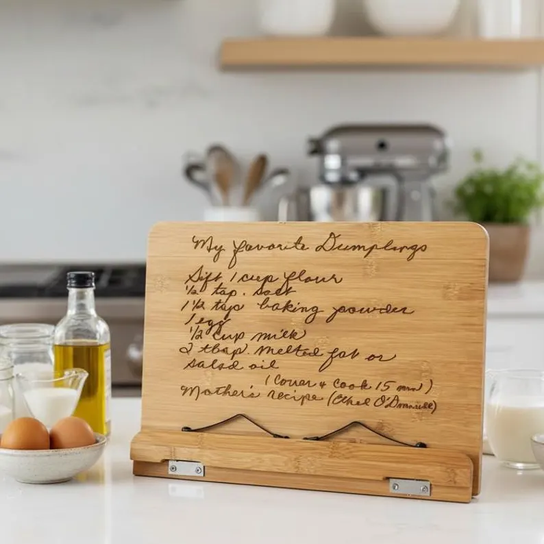 engraved recipe on wooden cookbook stand for unique personalized wedding gifts for couples