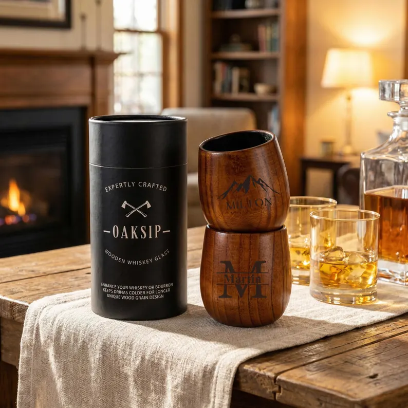 wooden whiskey glasses with engraving