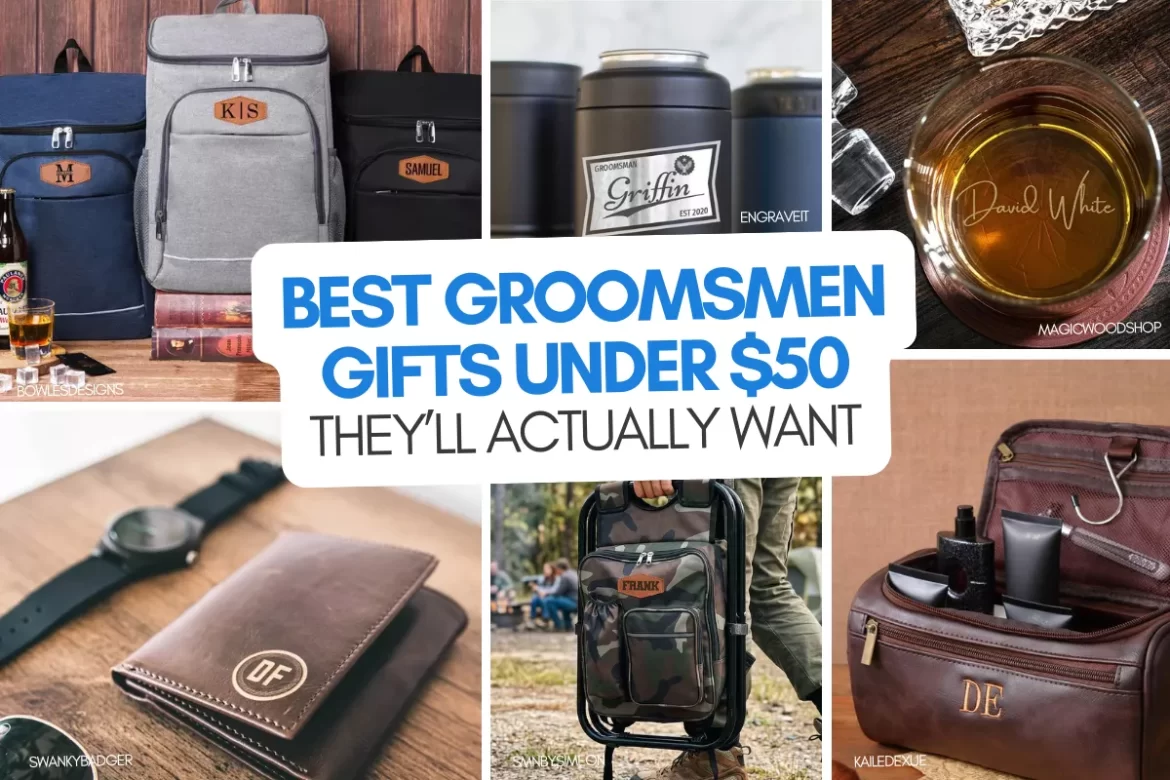 groomsmen gifts under $50 including personalized leather wallets, watches, drinkware, and travel accessories