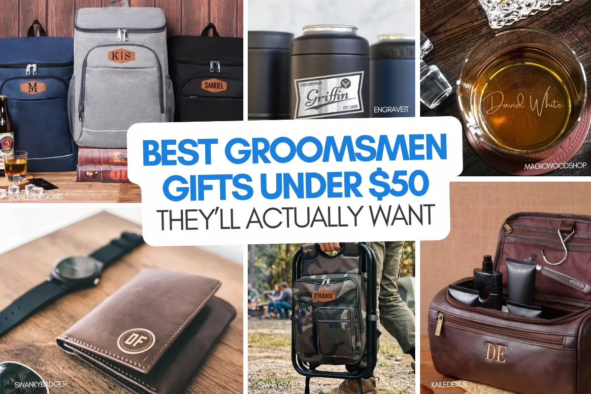 groomsmen gifts under $50 including personalized leather wallets, watches, drinkware, and travel accessories