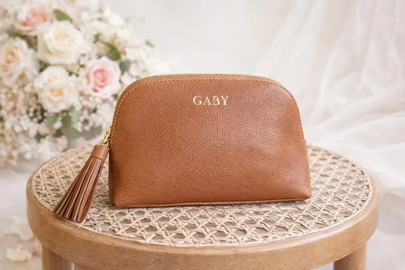 personalized leather makeup bag for maid of honor with tassel