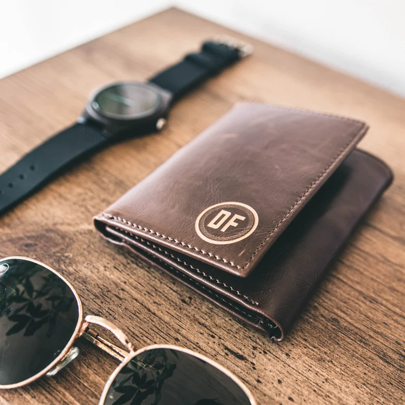 leather trifold wallet with custom initials