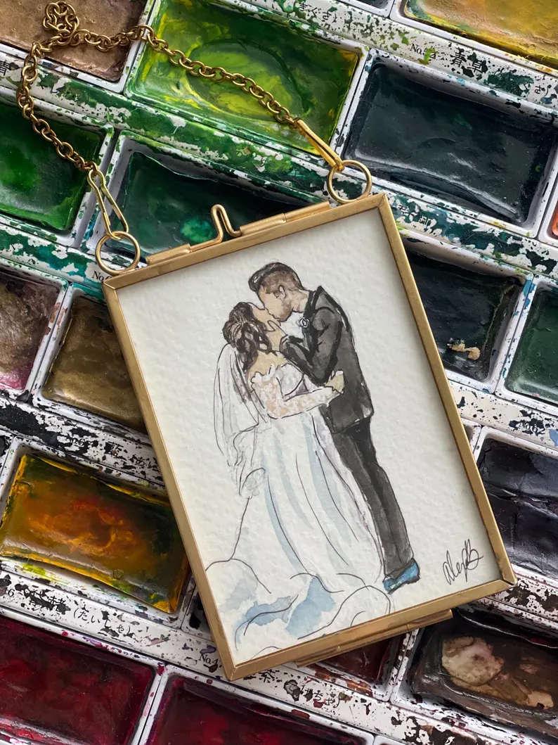 mini custom watercolor painting portrait for wedding gift under 100 dollars