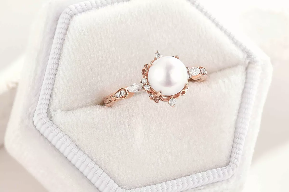 pearl ring in velvet ring box