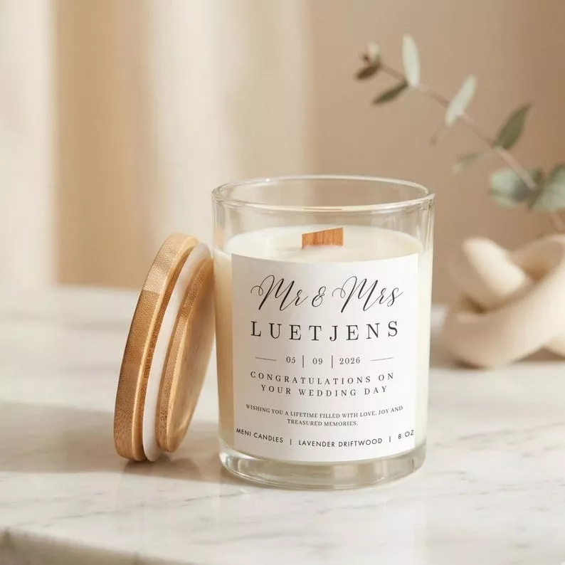 candle with personalized label for wedding gift