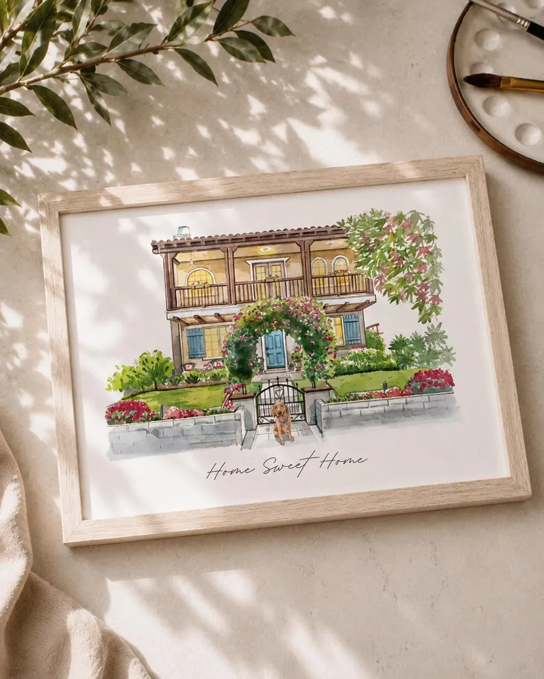 hand-painted house portrait for personalized wedding gift for couples