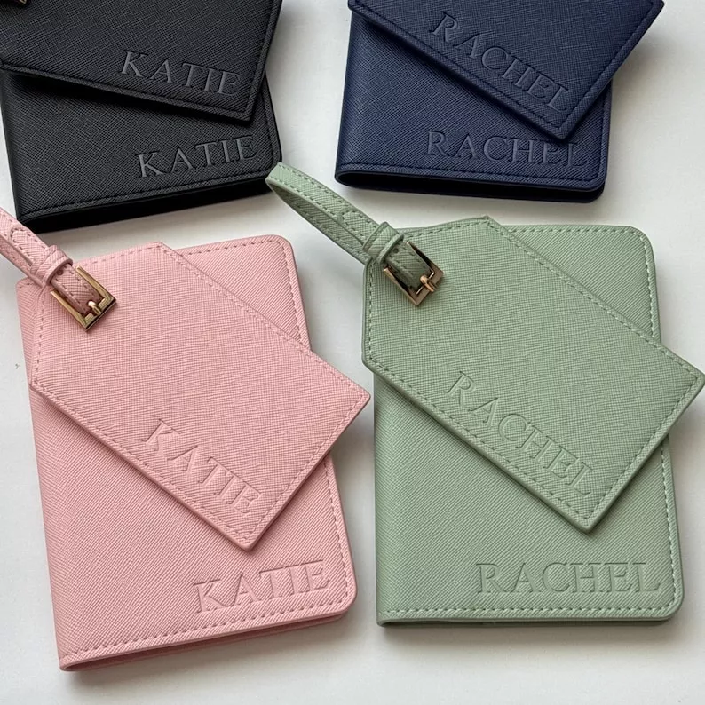 personalized leather bridesmaid passport holder with initials, perfect travel gift for destination wedding bridal party