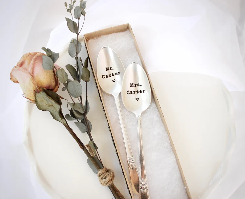 hand-stamped vintage spoons personalized wedding gift for couples