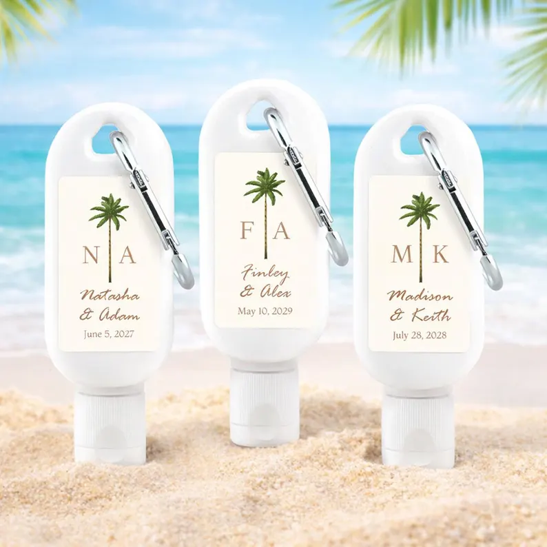 personalized sunscreen wedding favors with carabiner