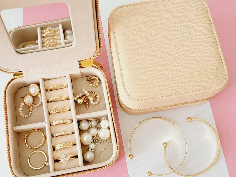 personalized bridesmaid travel jewelry case for rings necklaces and earrings