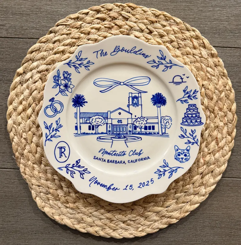 custom illustrated venue plate as personalized wedding gift for couples