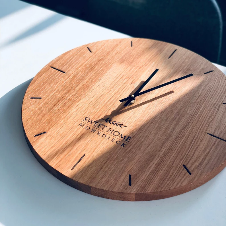 handcrafted oak wall clock for personalized wedding gift