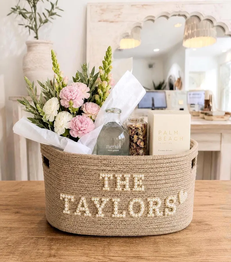 personalized wedding gift basket with custom lettering for couples