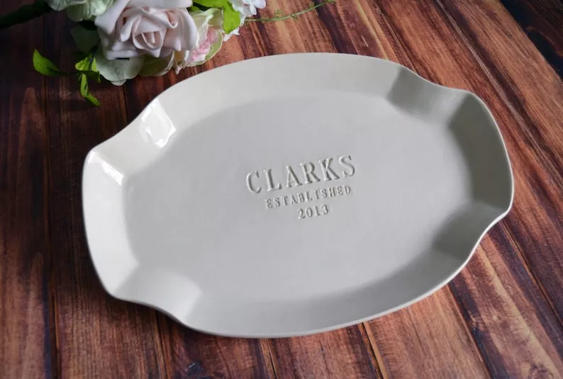 personalized wedding gift dish engraved with custom name and wedding date for couples