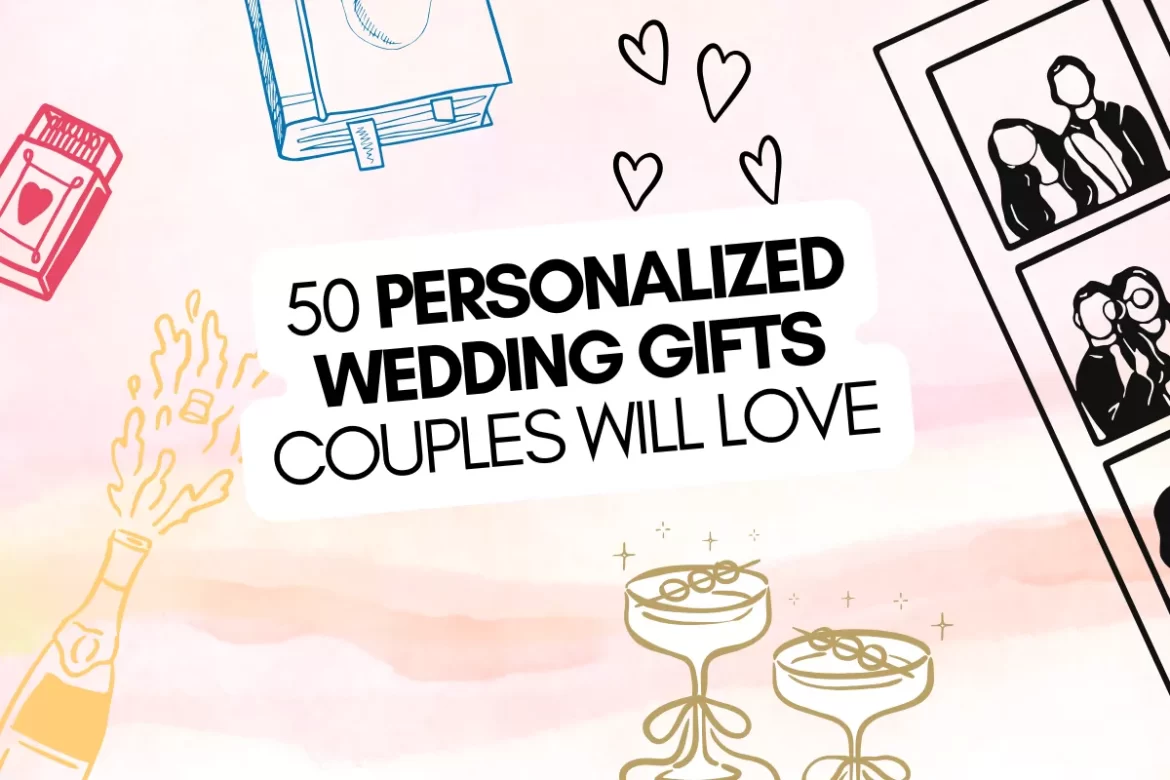personalized wedding gifts for couples including engraved cutting board, custom house portrait, and keepsake box