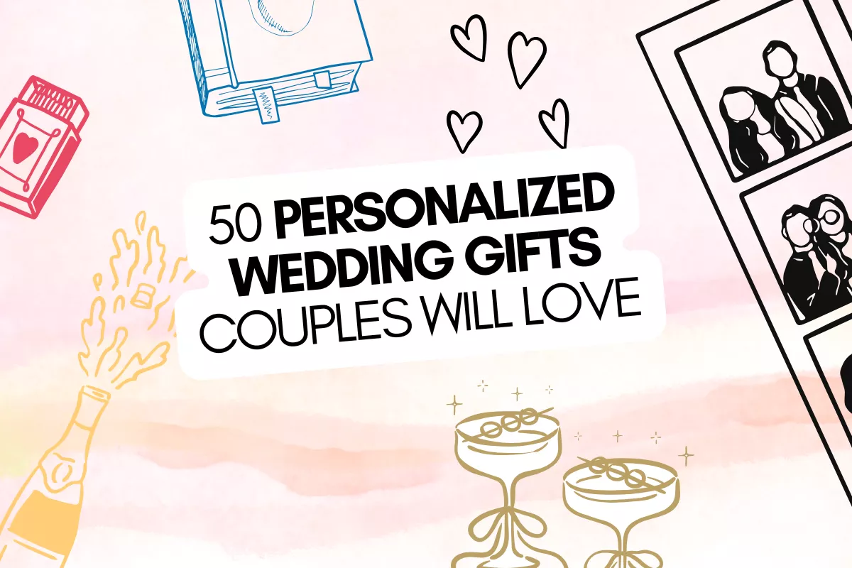 personalized wedding gifts for couples including engraved cutting board, custom house portrait, and keepsake box