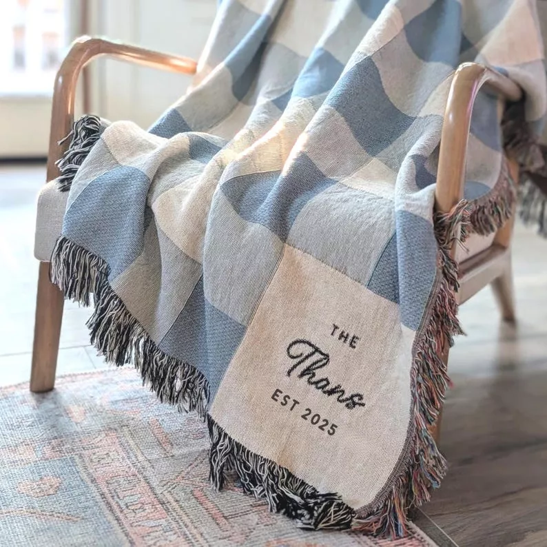 personalized wedding gift throw blanket with embroidered name and wedding date for couples