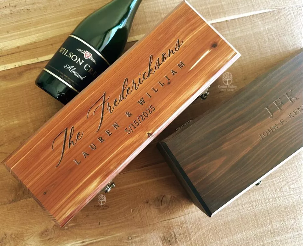 engraved wine or champagne bottle box for custom personalized wedding gift for couples