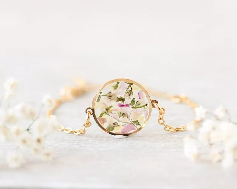 elegant pressed flower bracelet gift for bridesmaid