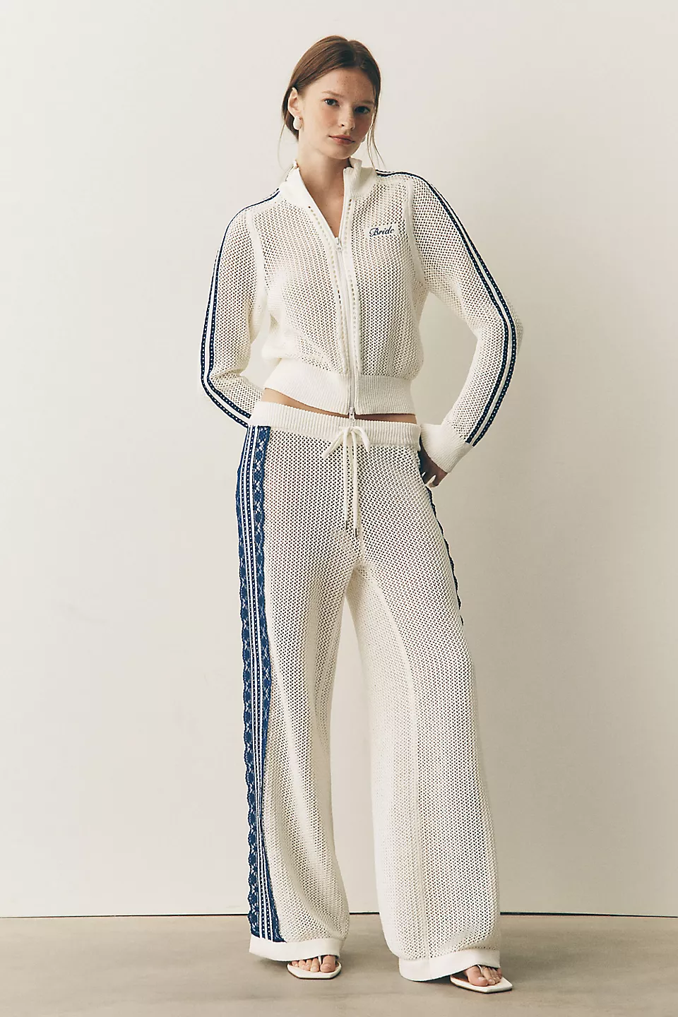 wide leg knit pant and matching bride zip up loungewear set