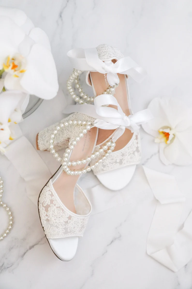 bridal heels with crochet lace and pearls