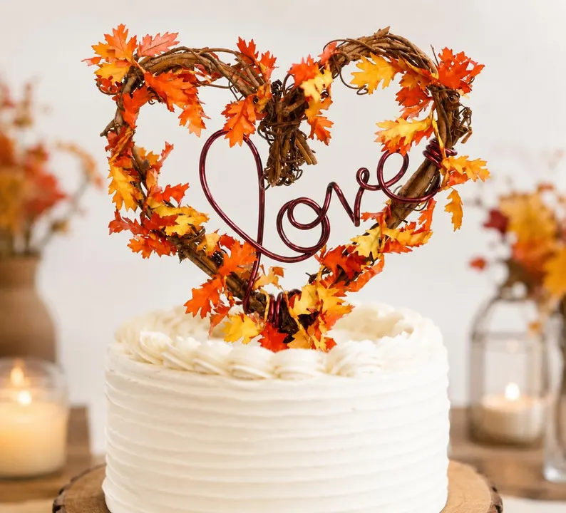 heart-shaped grapevine fall wedding cake topper decoration