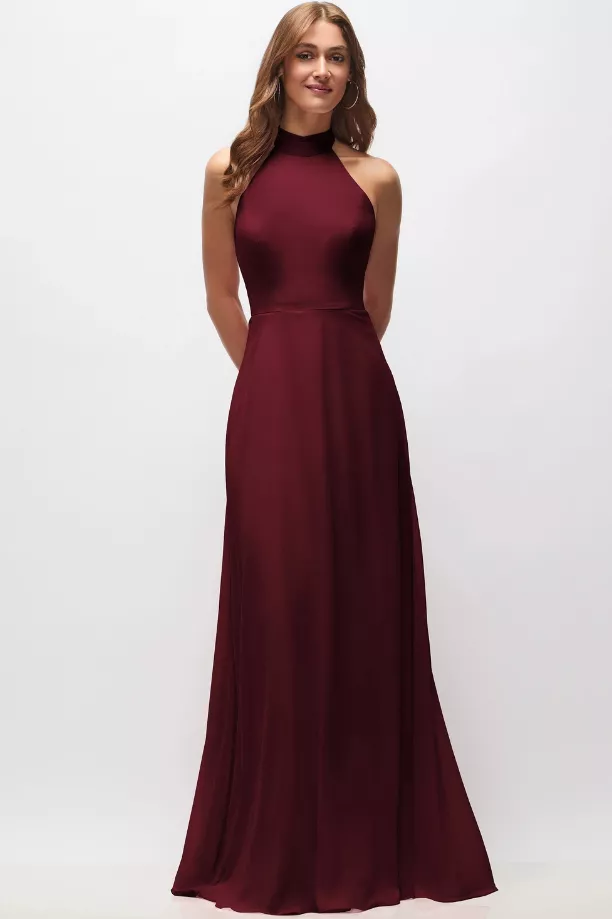 high neck halter burgundy bridesmaid dress