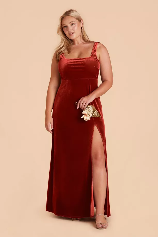 burnt orange velvet bridesmaid dress