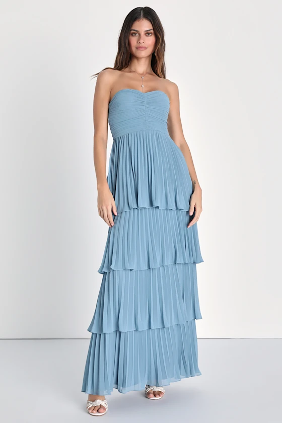 tiered dusty blue bridesmaid dress