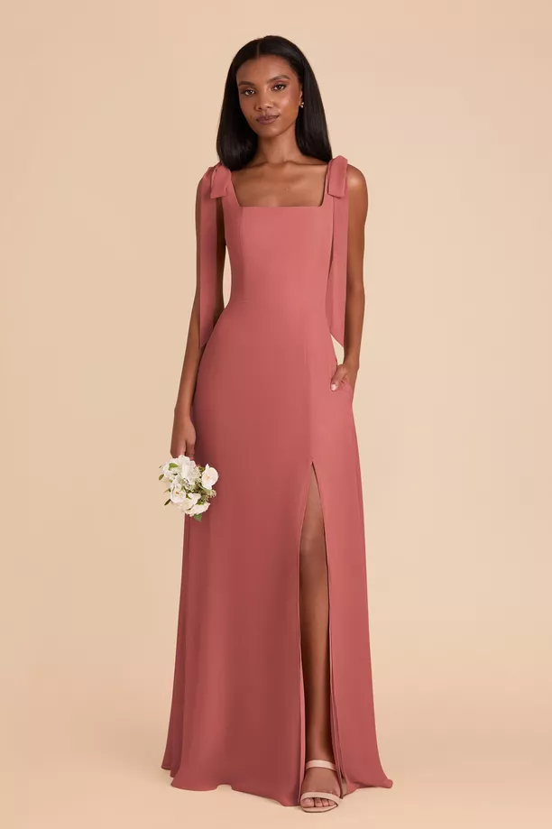 tie-strap maxi bridesmaid dress in dusty rose color