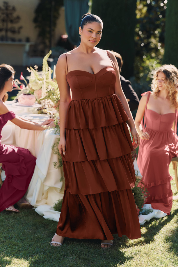 cognac bridesmaid dress in matte satin