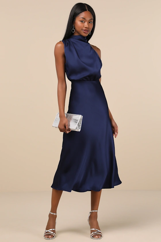 satin navy bridesmaid dress with midi length
