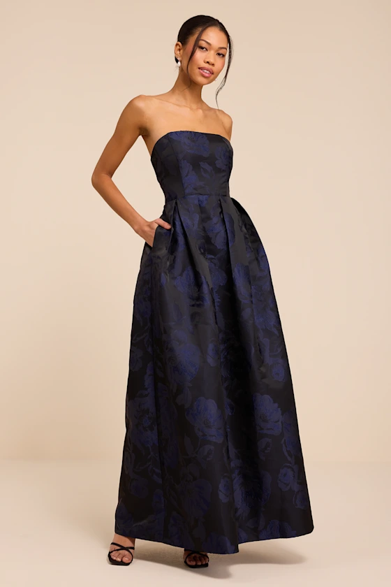 strapless navy bridesmaid dress with pockets